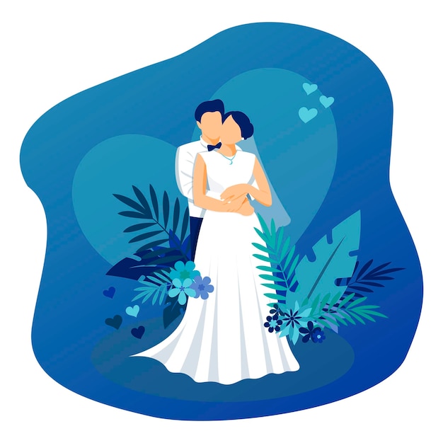 Vecteur couple de mariage sur fond bleu avec des coeurs et des feuilles tropicales illustration plate