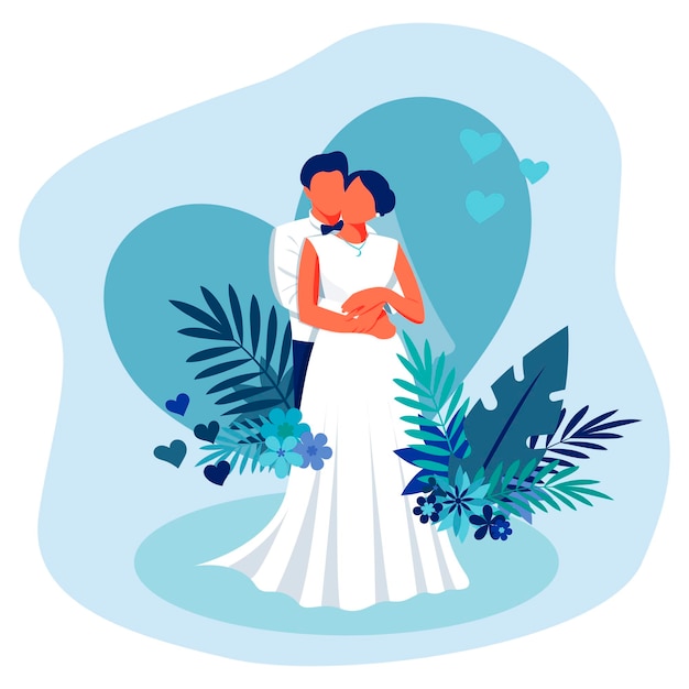 Vecteur couple de mariage sur fond bleu avec des coeurs et des feuilles tropicales illustration plate