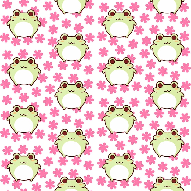 Vecteur kawaii petite grenouille avec des fleurs roses motif sans couture vêtements pour bébés