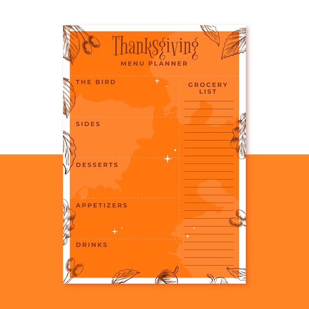 Planificateur de menu de thanksgiving orange dessiné à la main