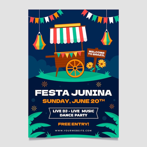 Vettore gratuito poster o volantino piatto festas juninas disegnato a mano