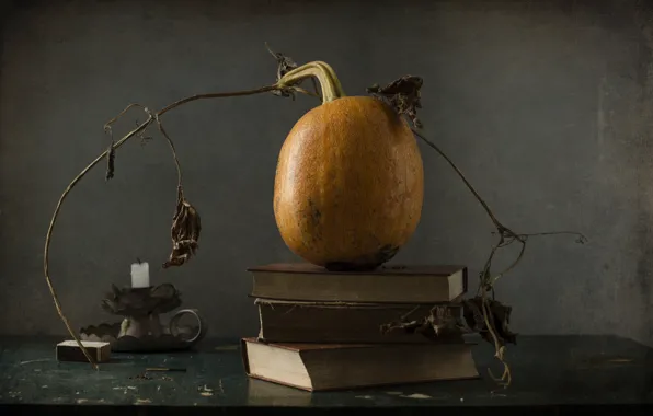 Books, candles, pumpkin, still life, branch dry