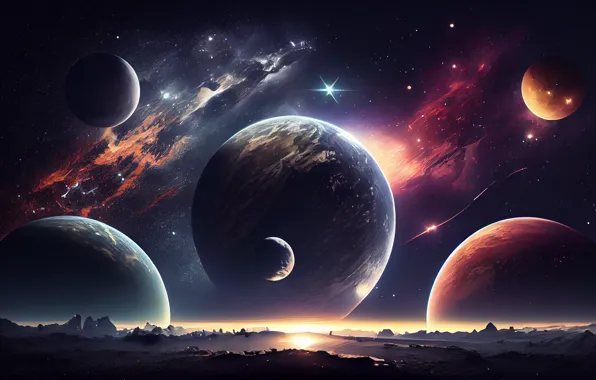 Picture Galaxy, Night, Horizon, Space, The universe, Planet, Stars, Artificial intelligence