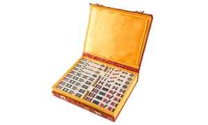 Chinese Mahjong Game Set with 146 Tiles, Dice, and Ornate Storage Case