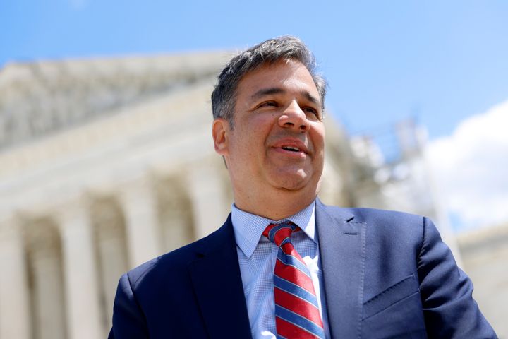 Raul Labrador, Idaho's attorney general, speaks outside the US Supreme Court earlier this year. Labrador has advocated for an interstate abortion ban travel as well as banning health-stabilizing abortions for women in medical emergencies. 