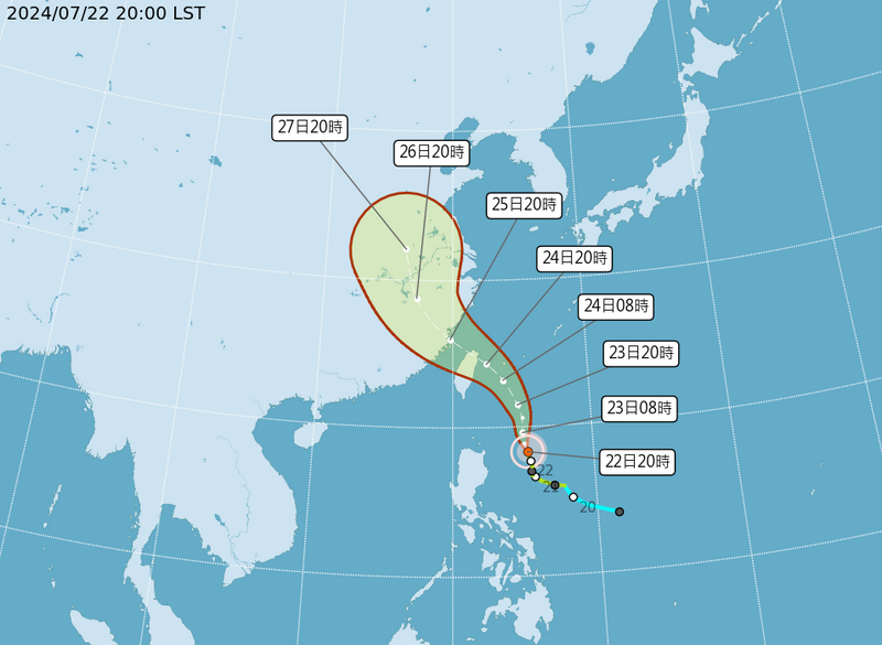 中度颱風「凱米」今日晚間8時的路徑圖。（中央氣象署提供）