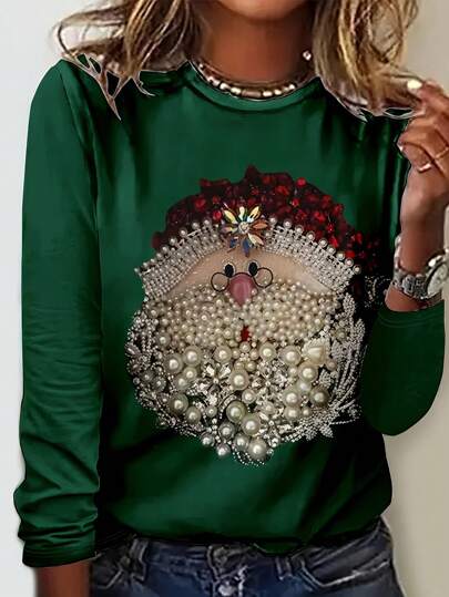 SHEIN LUNE Women's Round Neck Long Sleeve Christmas Print Casual T-Shirt