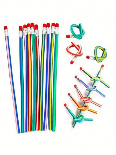 10pcs  Flexible Pencils,  Random Color,Soft Novelty Pencil.Multi Colored Striped Soft Pencil With Eraser For Valentine's Day. Student Gift School Fun Equipment For School Prizes Teachers Classroom Supplies