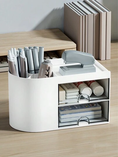 1 pezzo Organizer da scrivania con 2 cassetti, portapenne multifunzionale per ufficio, scatola di stoccaggio semplice e creativa per cancelleria e forniture per ufficio per scuola, ufficio, camera da letto, organizer multicomparto, organizer per il trucco, forniture per il ritorno a scuola, regalo per le vacanze, regalo di Natale