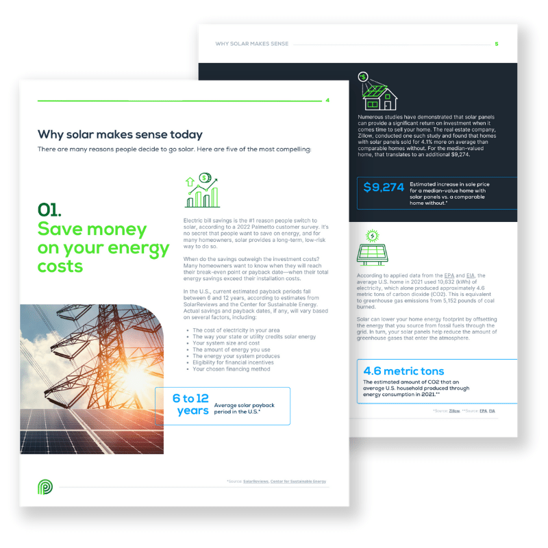 A graphic of two pages from Palmetto's Guide to Solar on the benefits of going solar