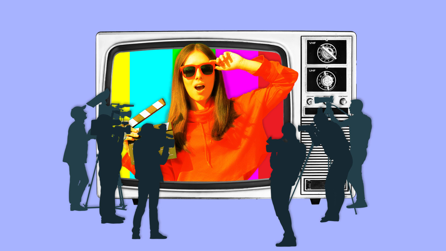 Photo illustration of a woman jumping out of a television in front of cameras