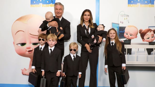 A photo of the Baldwin family on a red carpet