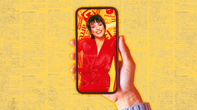 A photo illustration of Liza Minnelli on a smartphone and newsprint.