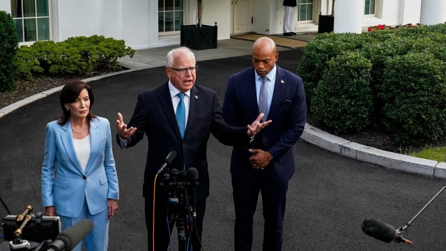 Minnesota Governor Tim Walz speaks to the press with New York Governor Kathy Hochul and Maryland Governor Wes Moore after attending a meeting with U.S. President Joe Biden and other Democratic governors at the White House, U.S., July 3, 2024. 