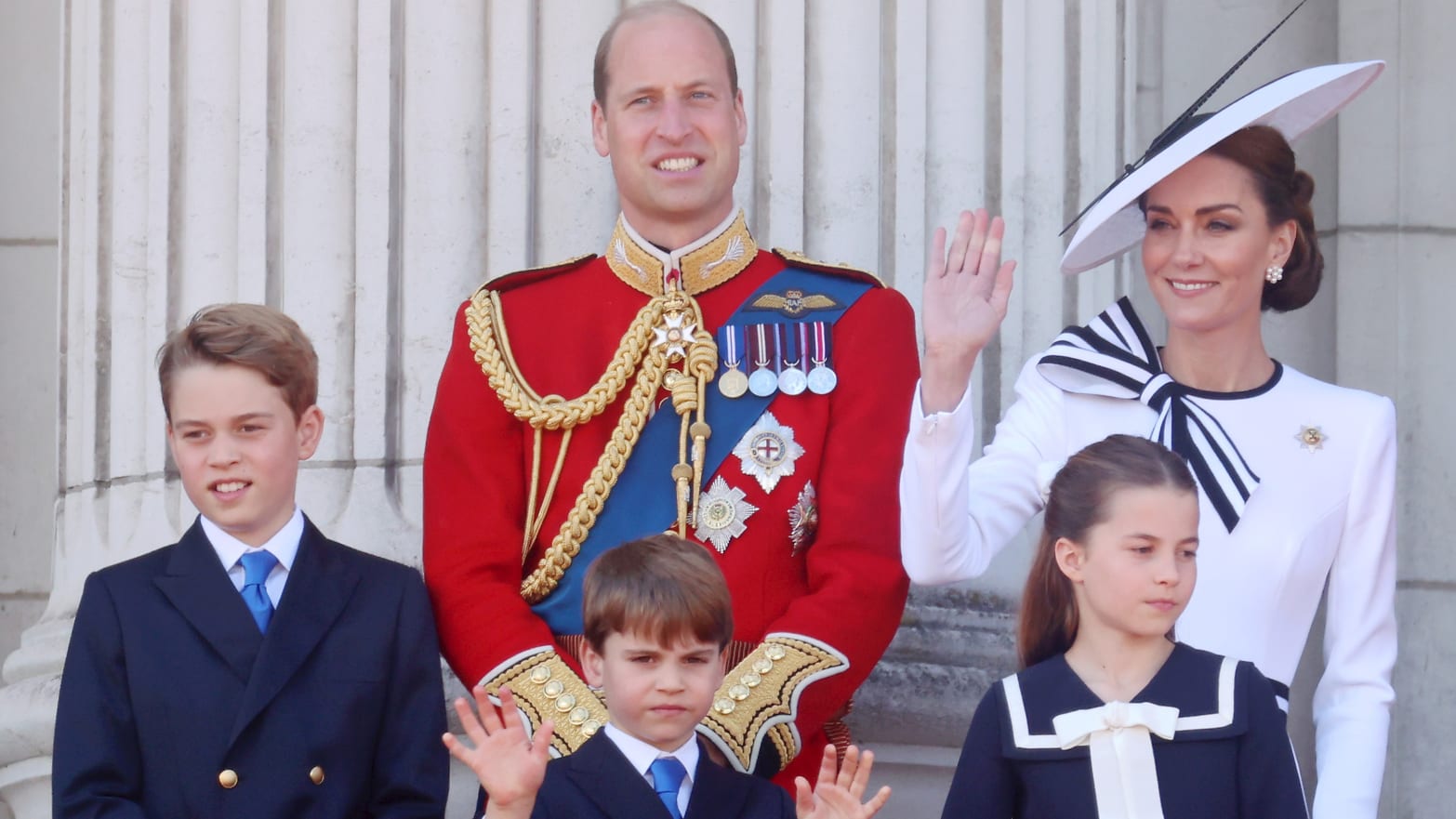 Prince George of Wales, Prince William, Prince of Wales, Prince Louis of Wales, Princess Charlotte of Wales and Catherine, Princess of Wales during Trooping the Colour at Buckingham Palace on June 15, 2024 in London, England.