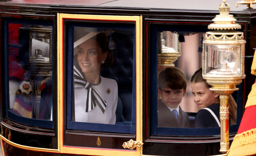 Catherine, Princess of Wales, Prince George, Princess Charlotte and Prince Louis attend the Trooping the Colour parade to honor Britain's King Charles on his official birthday in London, Britain, June 15, 2024.