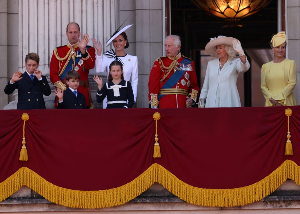 King Charles, Queen Camilla, William, Prince of Wales, Catherine, Princess of Wales, Prince George, Princess Charlotte, Prince Louis, Sophie, Duchess of Edinburgh, appear on the balcony of Buckingham Palace, Britain, June 15, 2024.