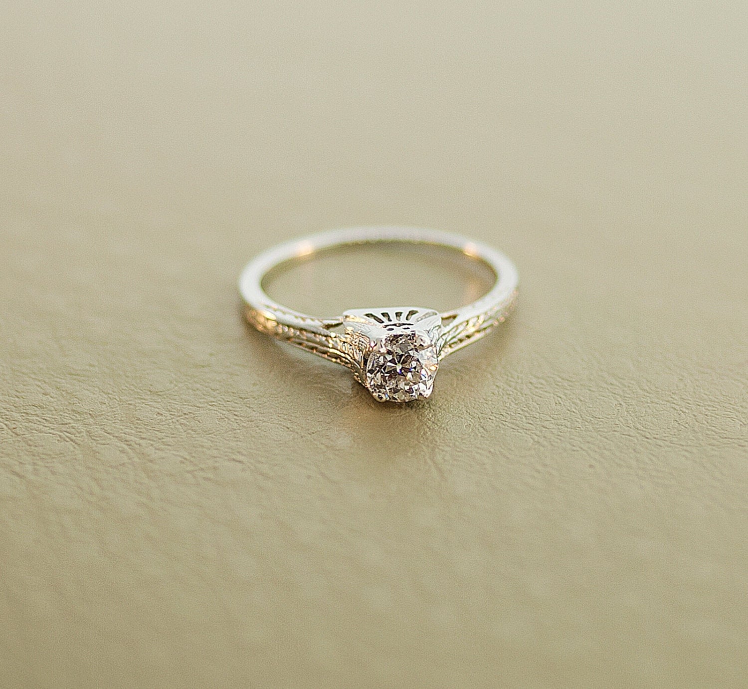 Antique 1920s 18k White Gold and Diamond Engagement Ring