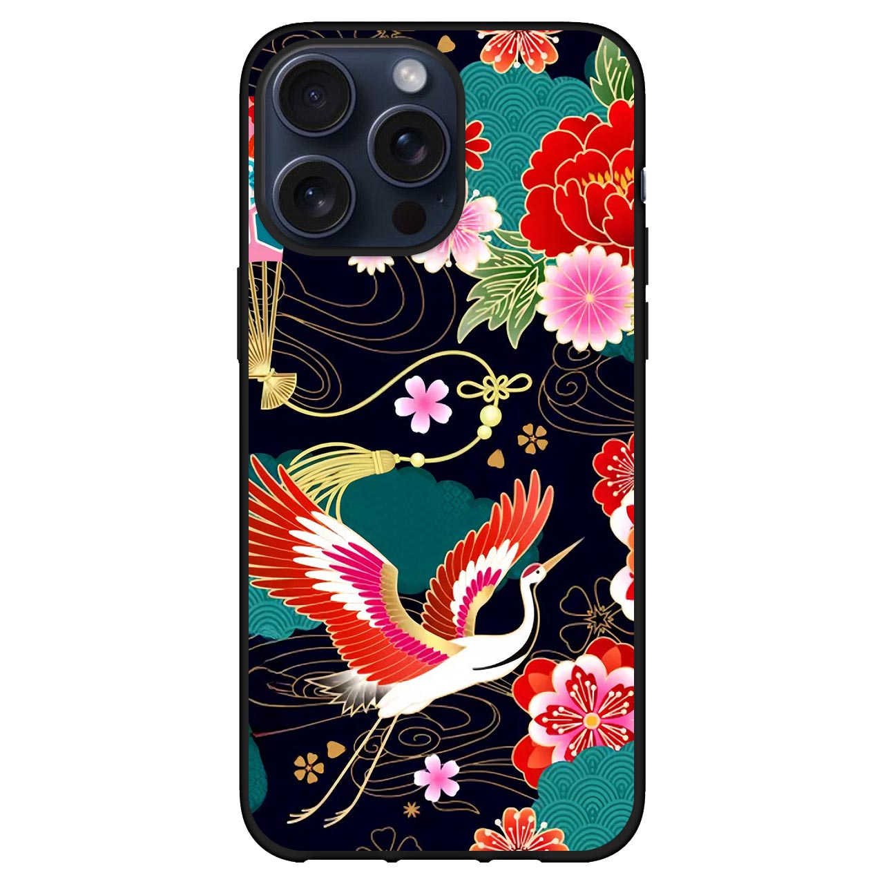 Cranes and flowers black Japanese pattern phone case