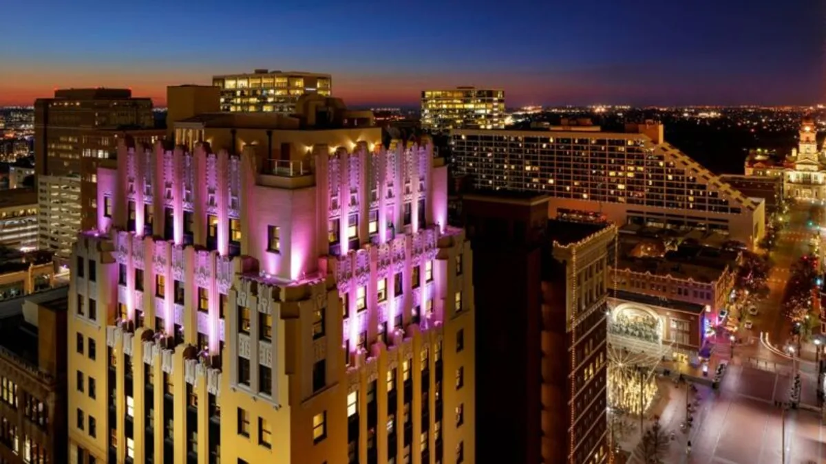 An image of a hotel exterior at night