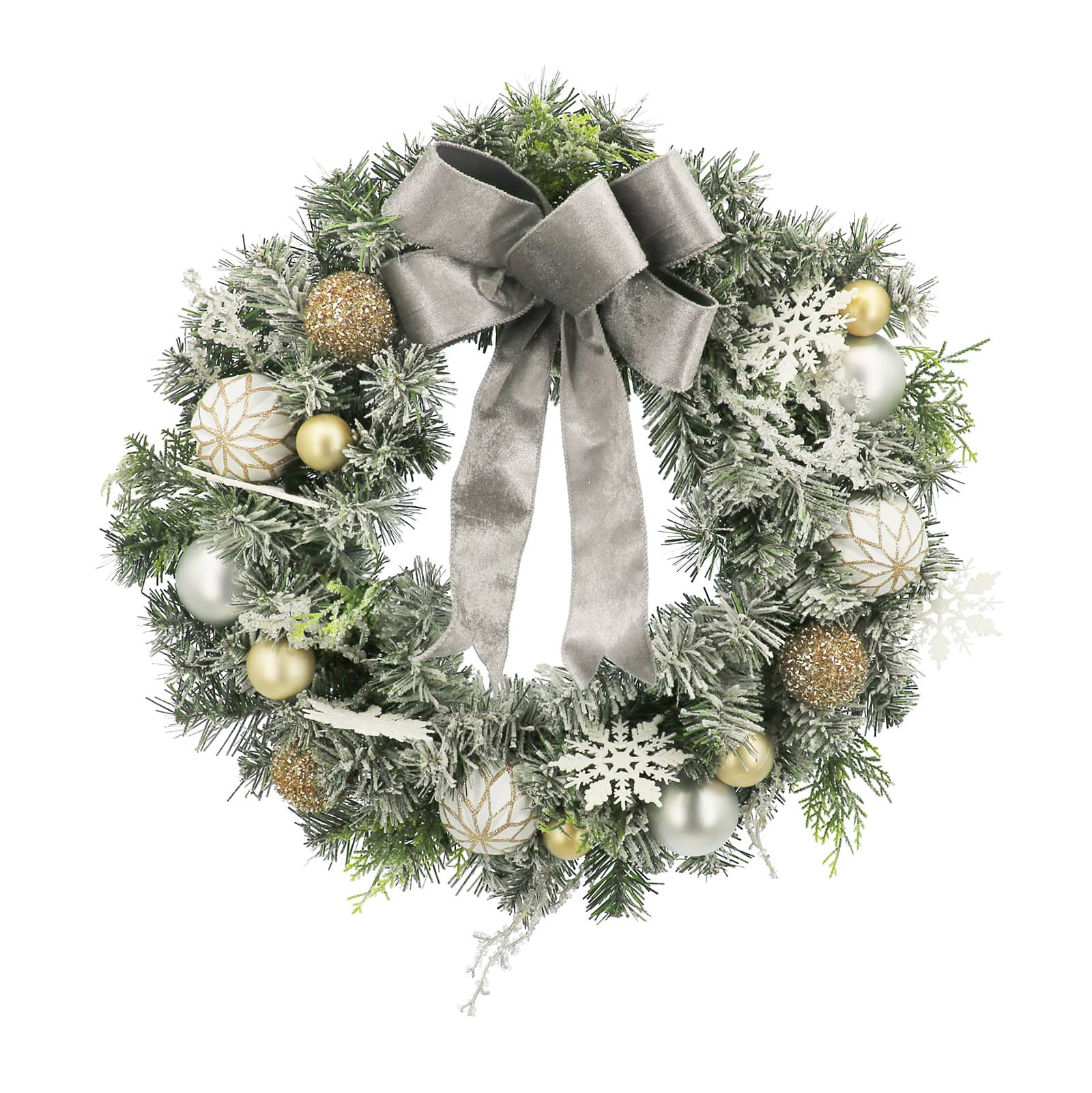 24&#x22; Flocked Snowflake Wreath with Silver Bow by Ashland&#xAE;