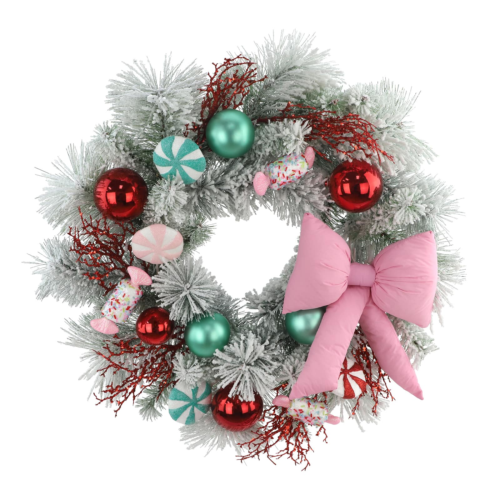 26&#x22; Snowy Pine, Ornament &#x26; Candy with Pink Bow Designer Premium Floral Wreath by Ashland&#xAE;