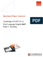 Specimen Paper Answers: Cambridge IGCSE (9-1) First Language English 0627 Paper 1: Reading