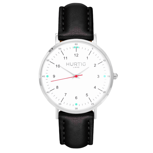 Hurtig Lane Moderno CACTUS Leather Watch Silver, White & Black Black