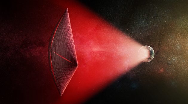 An artist's illustration of a light-sail powered by a radio beam (red) generated on the surface of a planet. The leakage from such beams as they sweep across the sky would appear as Fast Radio Bursts (FRBs), similar to the new population of sources that was discovered recently at cosmological distances. (Image: M. Weiss/CfA)