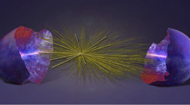 New research finds how the properties of subatomic elementary particles, visualized in the middle of this artist's impression, may be imprinted in the largest cosmic structures visible in the universe, shown on either side. (Image by Paul Shellard)