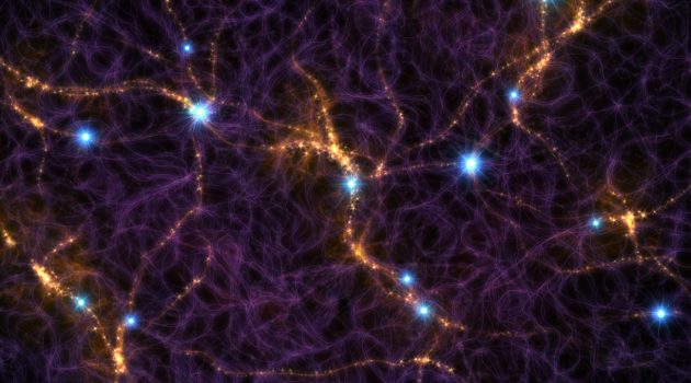 This artist's impression shows part of the cosmic web, a filamentary structure of galaxies that extends across the entire sky. The bright blue, point sources shown here are the signals from Fast Radio Bursts (FRBs) that may accumulate in a radio exposure lasting for a few minutes. The radio signal from an FRB lasts for only a few thousandths of a second, but they should occur at high rates. (Image by M. Weiss/CfA)