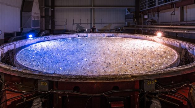 The GMT mirror 5 mold filled with 17,500 kg of Ohara E6 low expansion glass, ready for the lid of the furnace to be placed. (Photo courtesy GMTO Corp.)