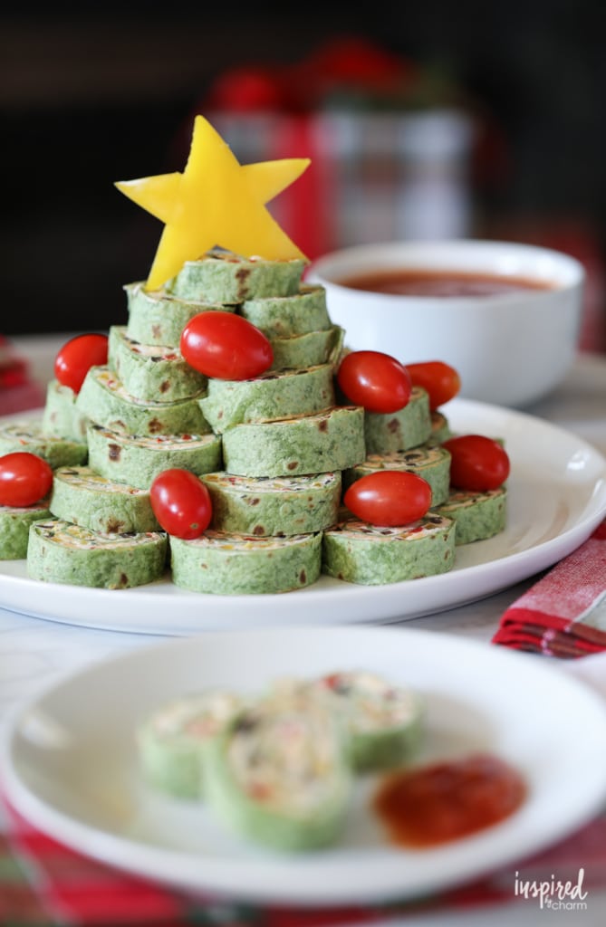 spinach tortilla roll ups stacked to look like a Christmas tree