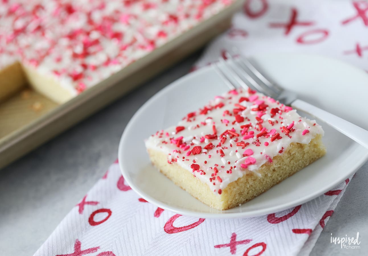 White Texas Sheet Cake for Valentine's Day #cake #texassheetcake #valentinesday #dessert #recipe