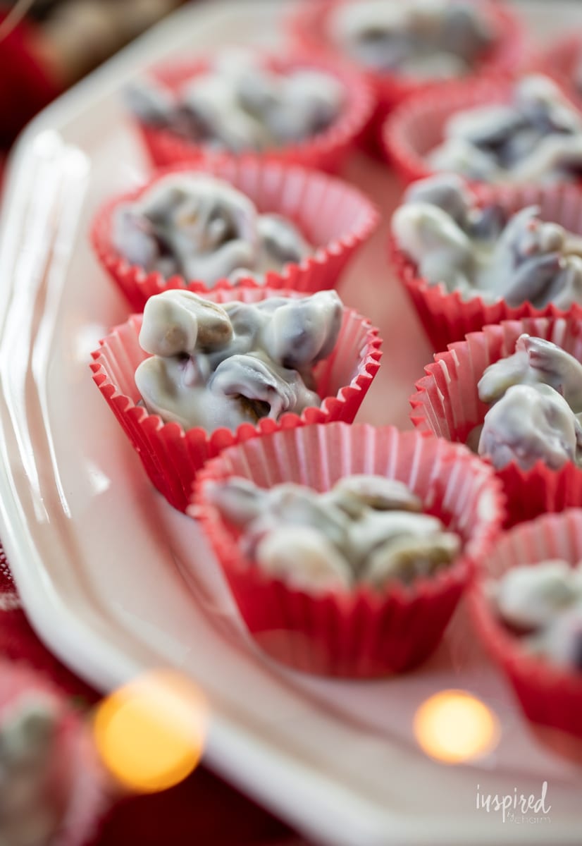 close up of Pistachio Cranberry White Chocolate Candy on plate.