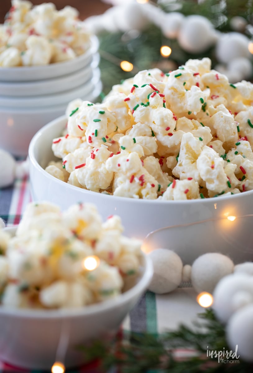 white chocolate puff corn in a bowl.