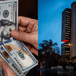 Montagem de fotos lado a lado de cédulas de dólar à esquerda e uma foto do edifício do Banco Central em Brasília, à direita. A matéria explica o recorde de cotação do dólar mesmo com leilões do BC.