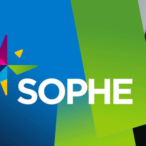 SOPHE's logo beside a member holding up a branded SOPHE event badge for a conference