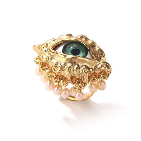 Chunky Evil Eye Cocktail Thumb Ring with Pearl Tassel