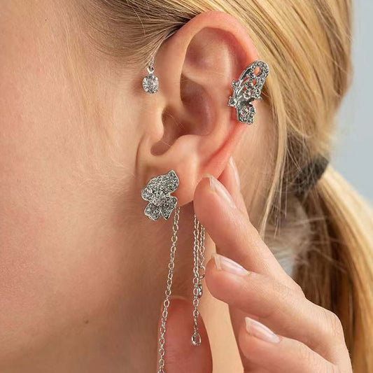 Non-Pierced Butterfly Tassel Elf Ear Clip Rose Wrap Climber Earrings