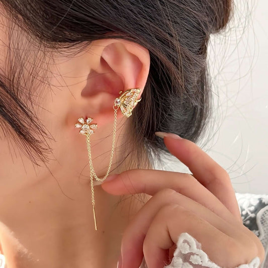 Gold Floral Chain Threader Earrings, Butterfly Chain Earrings