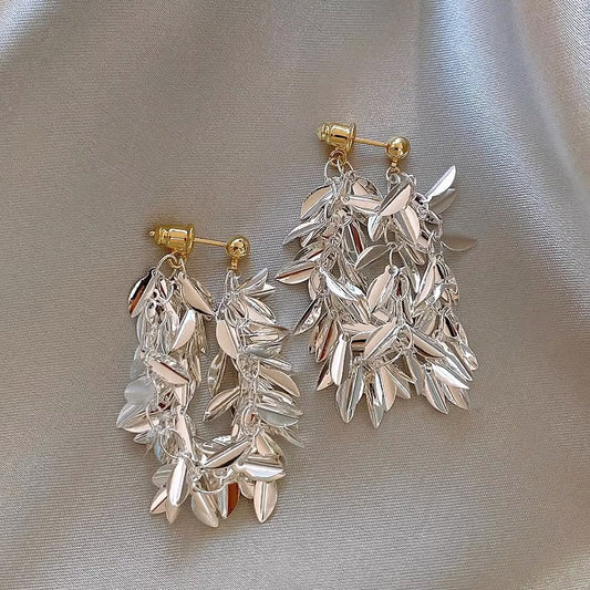 Silver Bling Tassel Leaf Earrings