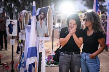 Family members and friends of the lost and kidnapped gather at the site of the Nova Festival to mark the one year anniversary of the attacks by Hamas, on October 07, 2024 in Re'im, Israel.