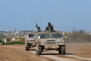 Israeli military vehicles along the border with the Gaza Strip on February 15, 2024, amid the ongoing war with Hamas. (Photo by Jack Guez/AFP via Getty Images)