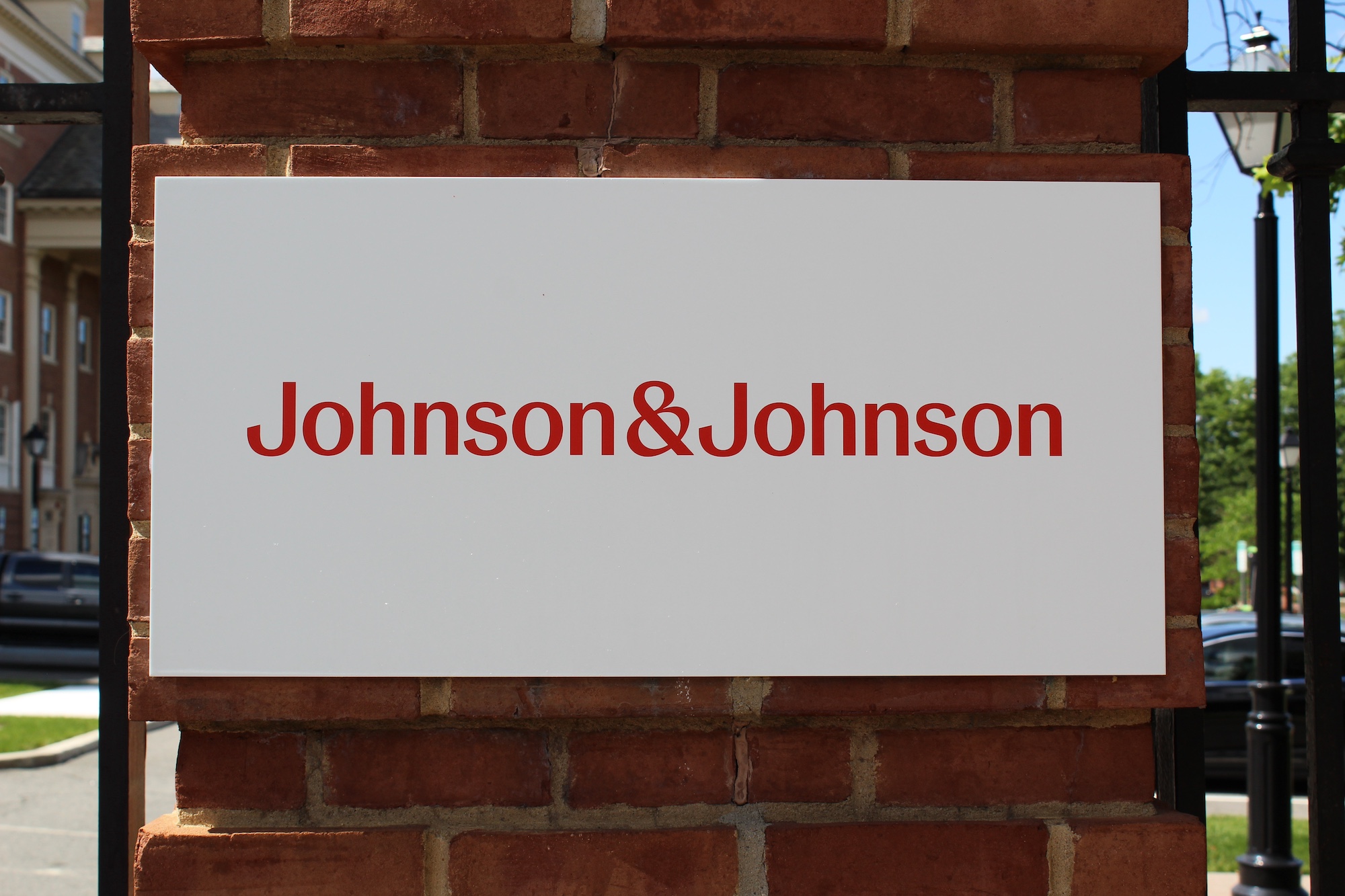 The new J&J logo on a plaque outside WHQ