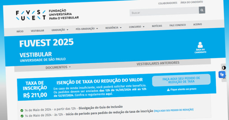 Imagem de uma tela de computador com informes sobre o vestibular da Fuvest 2025