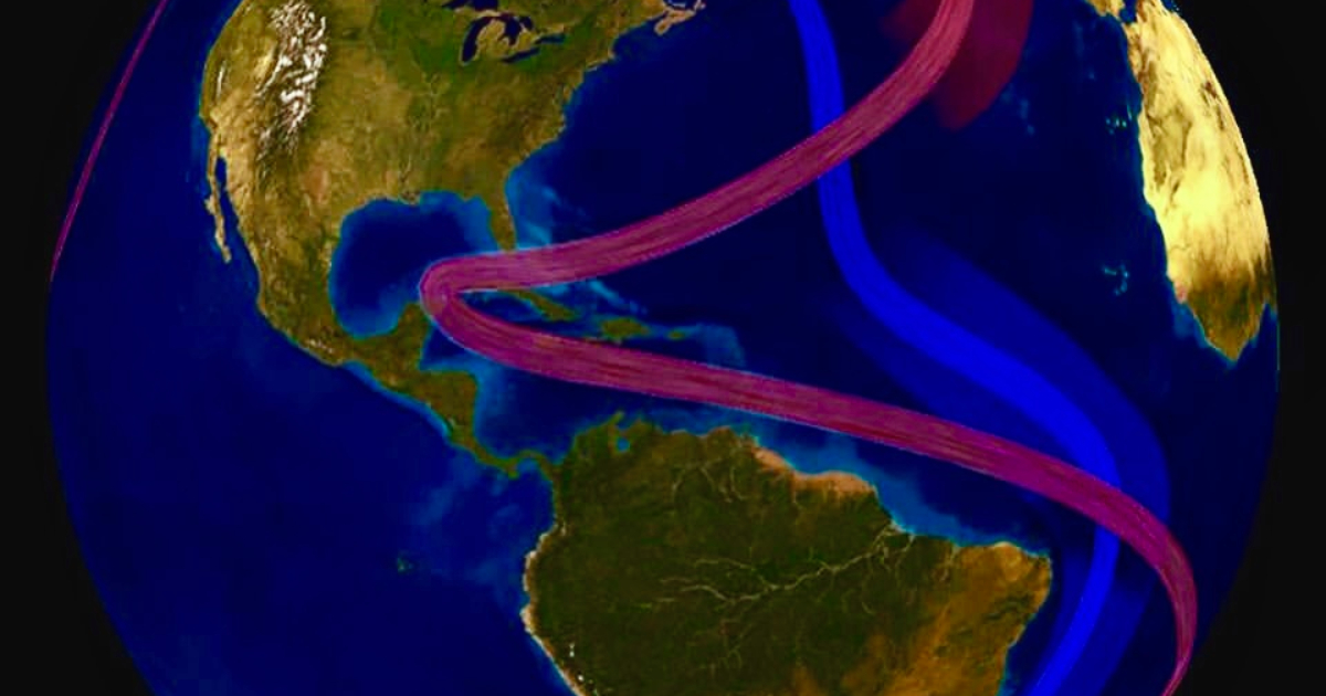 Ilustração do planeta Terra, seus continentes e a correia transportadora global, uma fita vermelha mostrada em parte, circula água fria subterrânea e água quente da superfície por todo o mundo. Imagem foi capturada de um pequeno vídeo produzido pela NOAA Science on a Sphere