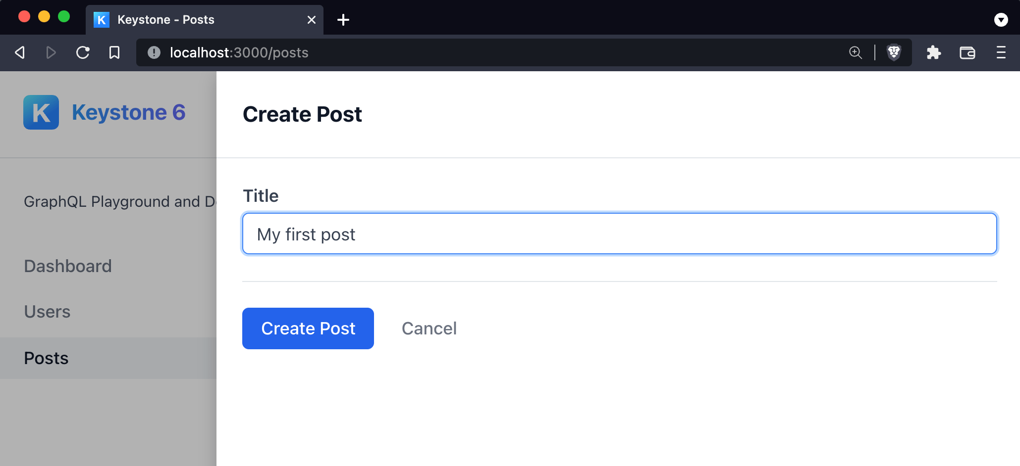 Admin UI showing create screen for a blog post