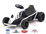 Introducing the 24V Sport Challenger Outdoor Drifting Kids Go Kart, a white and black electric kart with green graphics. This design features a steering wheel, four large tires, and symbols for a 24V battery and top speed of 17 km/h—ideal for young racers.