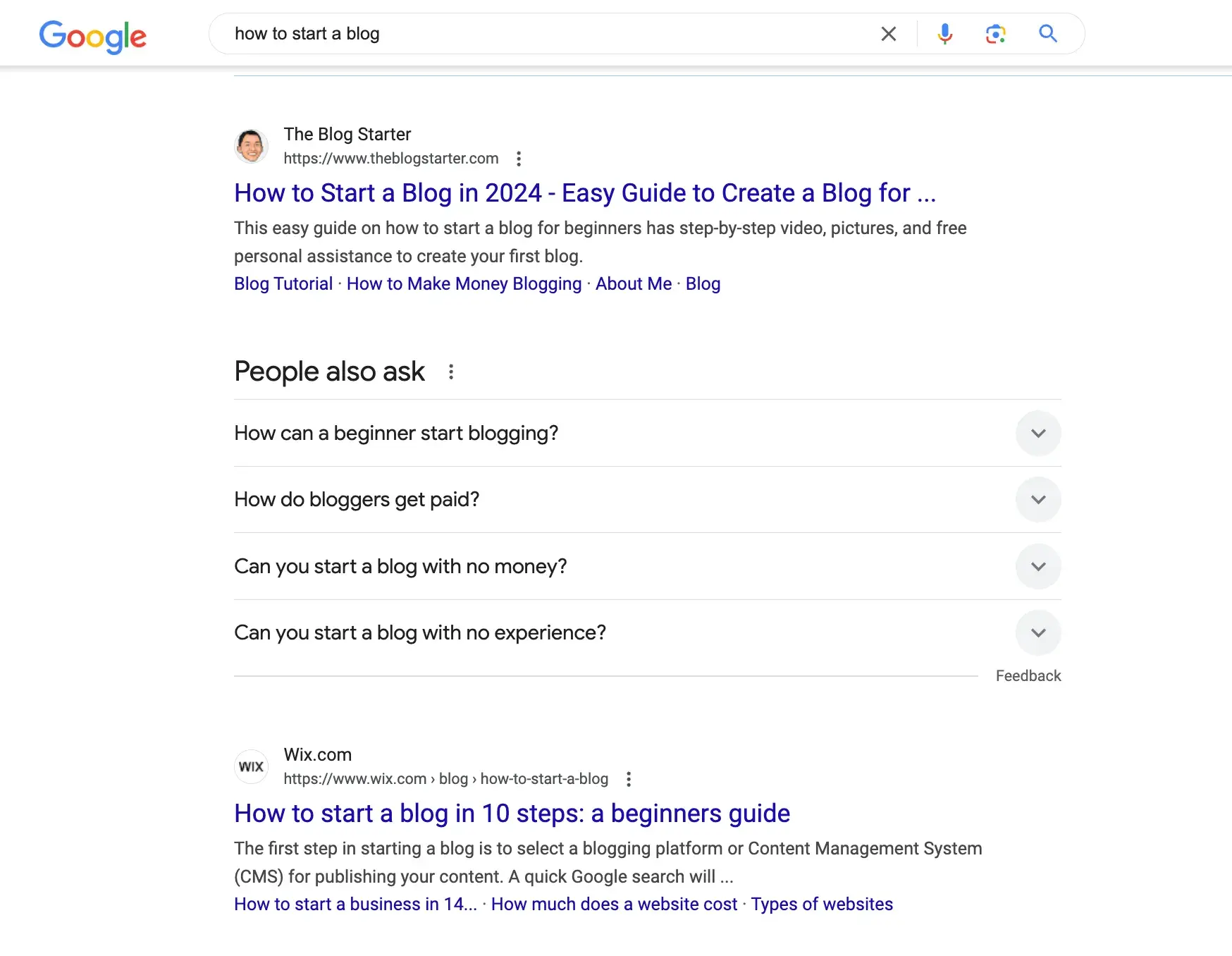 Google search results for “how to start a blog.”